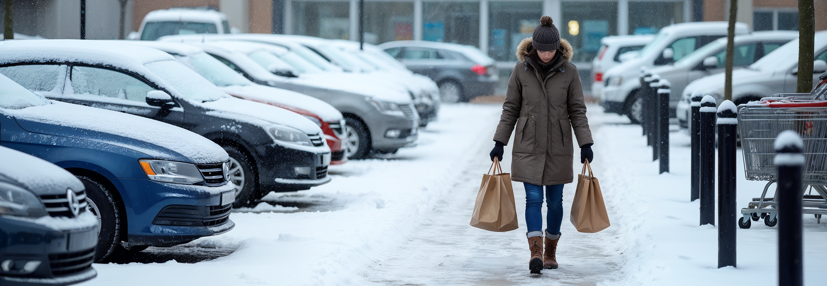Retail park with snow and woman shopping in winter